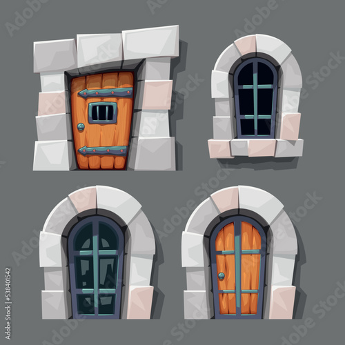 medieval doors and windows in cartoon style