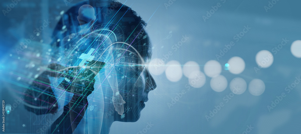 Double explosure of Medical technology concept working for Remote medicine and Electronic medical record with female doctor.