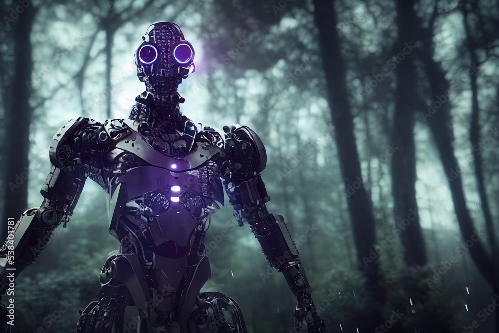 Fototapeta premium Cyborg 3D illustration with dramatic futuristic lighting in an action position Poster design with copy space 