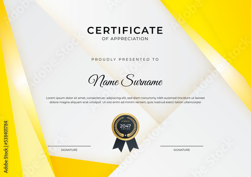 Certificate of achievement orange yellow template design with gold badge and border for business, award, honor and school