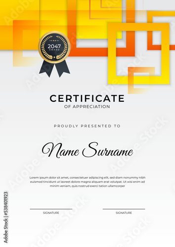 Certificate of achievement orange yellow template design with gold badge and border for business, award, honor and school
