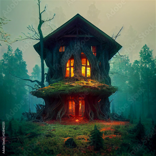 Spooky hut in haunted forest
