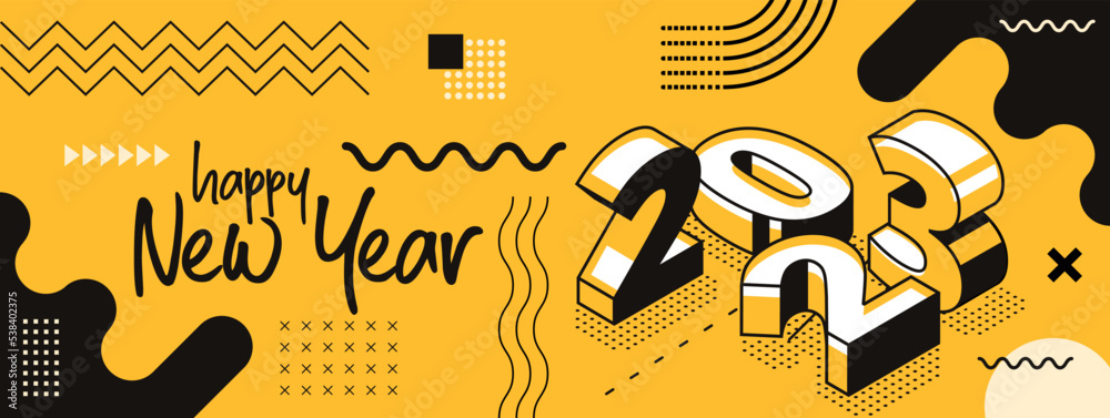 happy new year 2023 retro style cover with modern geometric abstract background with isometric. happy new year greeting card banner design for 2023 resolution. Yellow black Vector illustration