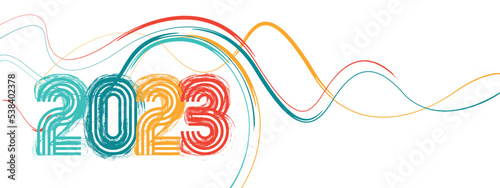 2023 new year cover with modern abstract waves design and white background in paint style. new year greeting card banner for 2023 typography and resolution. Colorful Vector illustration.