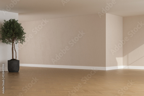 Realistic 3D render of room  beautiful sunlight and window frame shadow on beige blank wall  white skirting board in an empty room. New wooden parquet floor. Background  Interior. Side view.