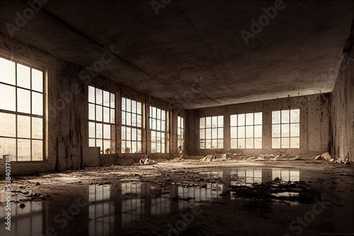 Abandoned Garage Factory warehouse 3D illustration wallpaper with copy space