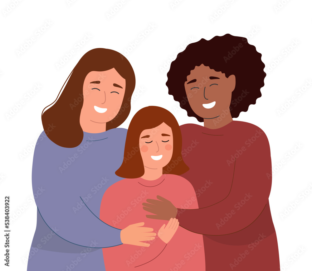 A happy family of two women and a child. A couple of lesbians with their daughter. Vector graphics.