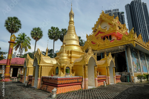 George Town, Malaysia - October 2022: Views of the Dhammikarama Burmese Buddhist Temple in George Town on October 13, 2022 in Penang, Malaysia..
