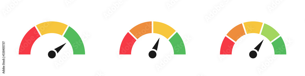Dashboard colorful speedometer icons set. Vector scale, level of performance. Abstract graphic element concept of tachometer, speedometer, indicators, score. Customer satisfaction scores. - obrazy, fototapety, plakaty 