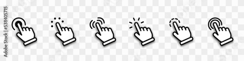 Computer mouse cursor icon set. Hand click icon. Set of hand clicks with shadow on transparent background. Cursor click, pointing hand click icons. Touch or click icon stock vector design. Vector photo