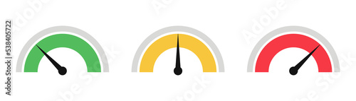 Dashboard colorful speedometer icons set. Vector scale, level of performance. Abstract graphic element concept of tachometer, speedometer, indicators, score. Customer satisfaction scores.