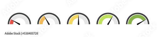 Dashboard colorful speedometer icons set. Vector scale, level of performance. Abstract graphic element concept of tachometer, speedometer, indicators, score. Customer satisfaction scores.