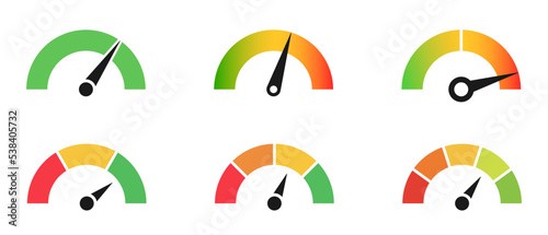 Dashboard colorful speedometer icons set. Vector scale, level of performance. Abstract graphic element concept of tachometer, speedometer, indicators, score. Customer satisfaction scores. photo