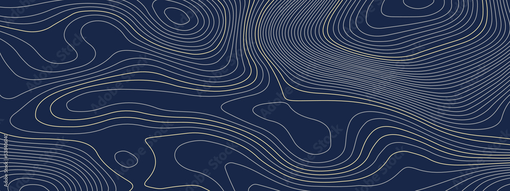 Navy blue and white wavy abstract topographic map contour, lines Pattern background. Topographic map and landscape terrain texture grid. Wavy banner and color geometric form. Vector illustration.