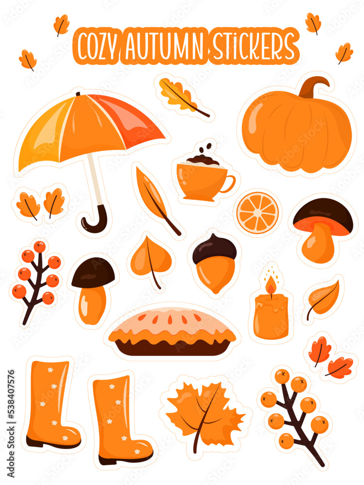 Colorful cute and cozy autumn elements set. Vector illustration pumpkin, umbrella, candle, pumpkin pie, mushrooms, rubber boots, berries, autumn leaves and more. Sticker sheet.