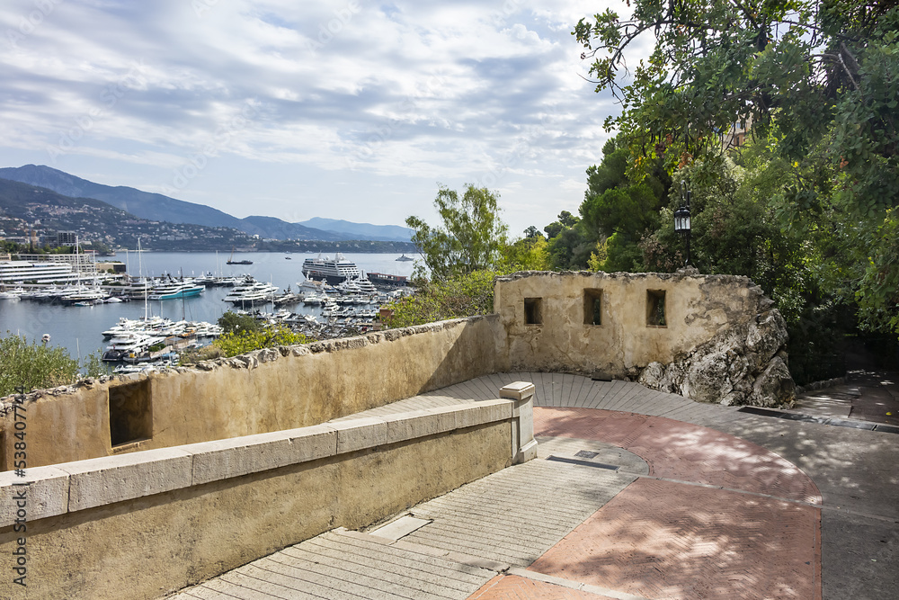 Old walls of medieval fortifications in Monaco-Ville, Principality of Monaco.