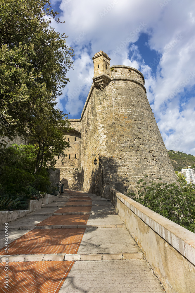 Old walls of medieval fortifications in Monaco-Ville, Principality of Monaco.