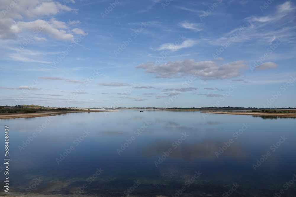 A tranquil view of the calm waters of Abberton Reservoir, Essex, UK. 