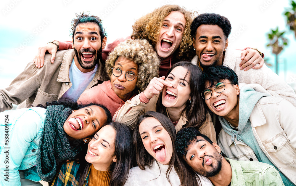 Multicultural friends taking selfie together - Happy lifestyle inclusion concept on young people having fun together