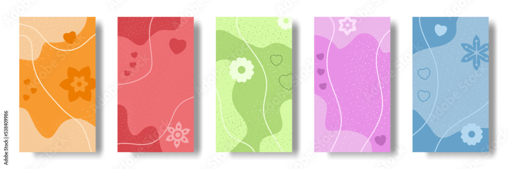 Spring pattern, vertical social media story banner. Fashion flowers different colors background, floral gift frame, happy sale cards with botanical elements. Covers collection, vector set - obrazy, fototapety, plakaty 