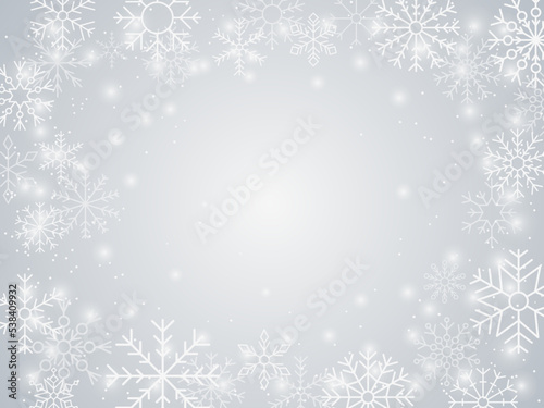 Snowflake frame, winter xmas border. Ice snow texture, merry christmas and new year cool decoration. White crystal geometric elements, banner and poster template. Vector texture background