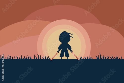 Ninja. Little Japanese warrior silhouette with katana sword, guy in black cloth on field background, asian assassins in night, samurai fighter, combat position vector cartoon flat illustration