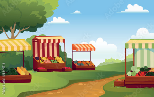 Market background. Village marketplace with stalls. Striped tents. Vegetable kiosks. Farm fruit crates. Festival trade street. Traditional fair. Local bazaar. Vector cartoon illustration