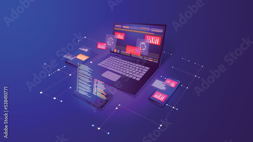 Web software. Digital website application. Mobile technology tool platform. Computer program data. Devices connection. Business development. Laptop and smartphones. Vector concept banner