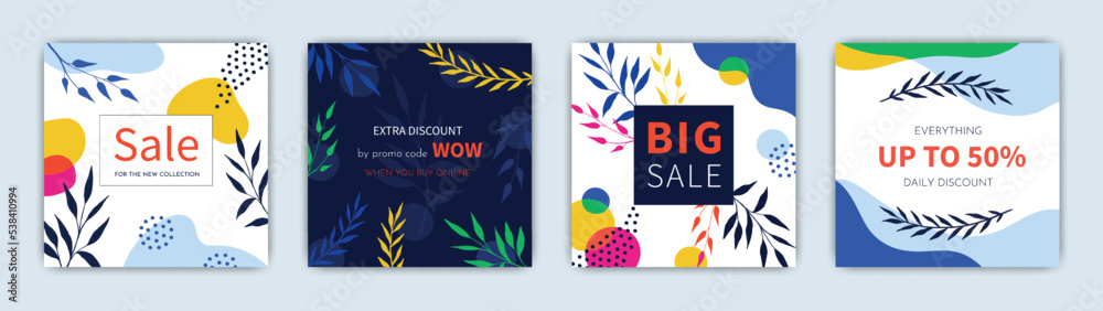 Abstract flower background, summer pattern. Spring floral frame, modern leaf card, memphis style bright colorful square sale poster collection with plants and doodles. Vector design template