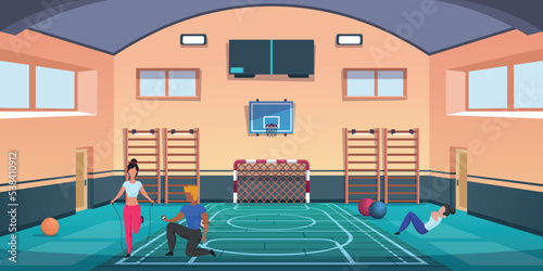 School gym. Sport workout. Students doing fitness exercises and jumping rope. Girls training with trainer. Indoor sportsground. Physical education lesson. Vector cartoon illustration