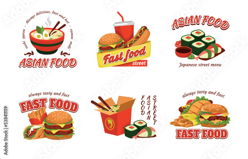 Cook logo, asian wok, sandwich and hamburger, hot dog with sausage, fast food logotype design. Pan chinese restaurant, pepper noodle, hand drawn fire background, hot plate. Vector emblems