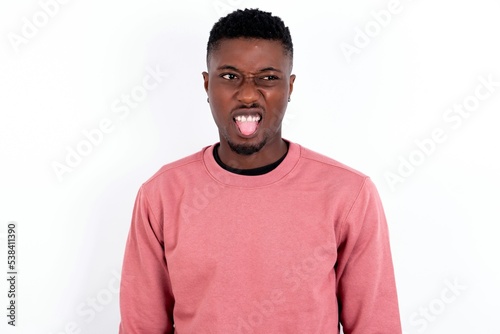 Body language. Disgusted stressed out young handsome man wearing pink sweater over white background, frowning face, demonstrating aversion to something. © Jihan