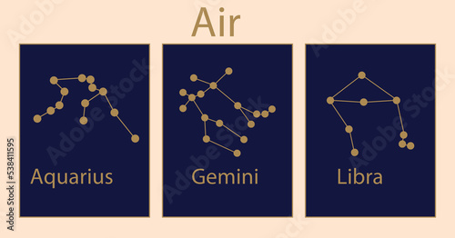 Zodiac air signs. Aquarius gemini and libra. Golden star constellations on dark blue background, horoscope element. Astrology calendar. Esoteric celestial abstract icons. Vector zodiacal poster