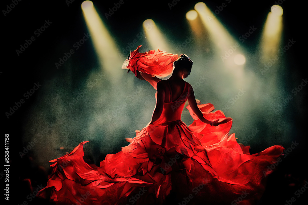 Dramatic stage illustration of a carmen dancer with a large red dress illuminated by stage lighting. Elegant female dancer in a solo hispanic performance. Cinematic and theatrical scene of dancing art - obrazy, fototapety, plakaty 