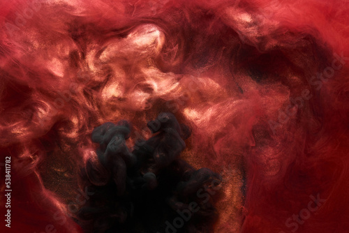 Red black sparkling abstract background, luxury golden smoke, acrylic paint underwater explosion, cosmic swirling ink