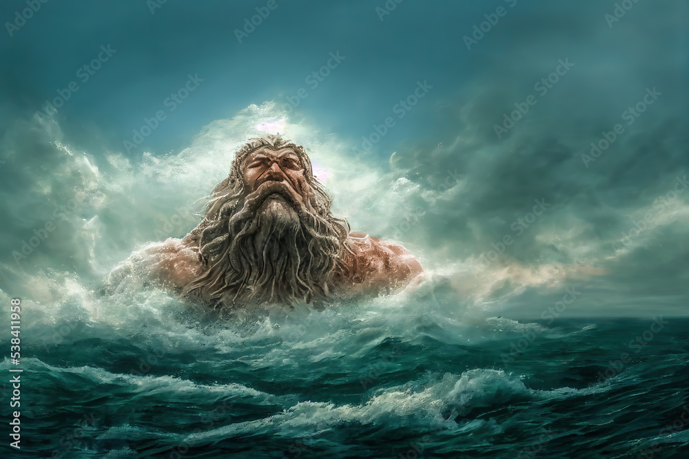 Olympian of Greek mythology, giant God Poseidon with a beard walking out of stormy seas. Divine