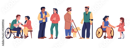 Diverse people. Workers equal. Disabled men and women group. Office characters with wheelchairs and crutches. Handicapped kid. Deaf persons. Blind people with canes. Vector illustration