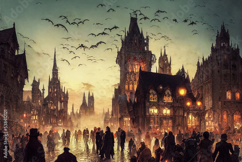 Fotografie, Obraz Spooky digital illustration featuring evening time in a gothic town