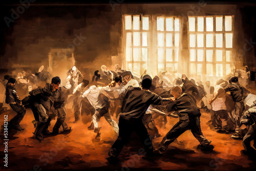 Photographie Digital concept art featuring incarcerated felons in a prison brawl inside jail