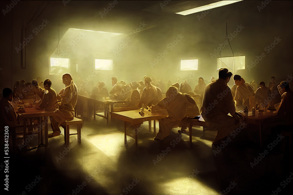 Digital illustration of inmates sitting inside jail cafeteria and