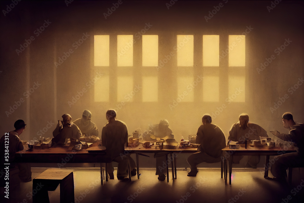 Digital illustration of inside the prison canteen. A group of prisoners