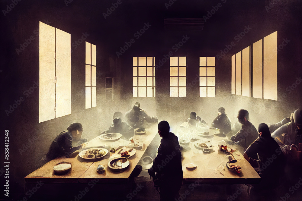 Interior of jail cafeteria with inmates and felons sharing a meal