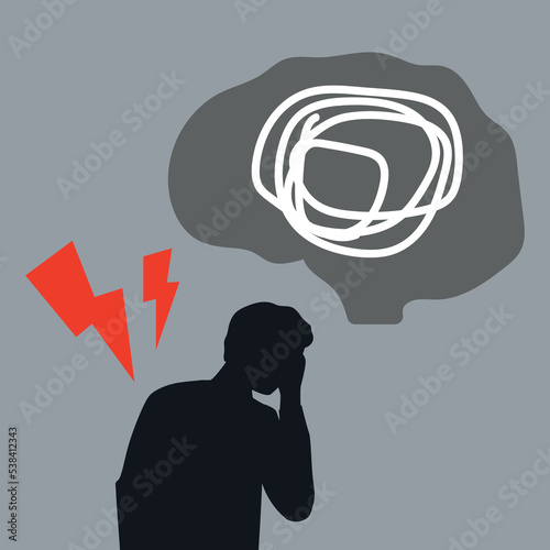 Psychotherapy concept. Mind disorder. Mental problems treatment. Confused brain. Hysterics and depression. Chaotic thinks. Despair and anxiety. Vector man body and lightning silhouette