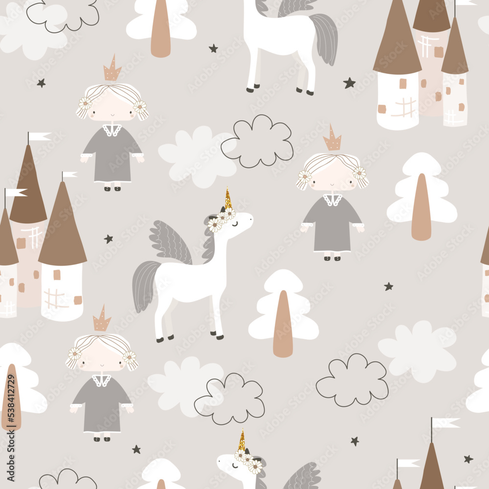 Magic world of princess, seamless pattern. Cartoon castle, pegasus in a magical forest. Vector hand drawn illustration.