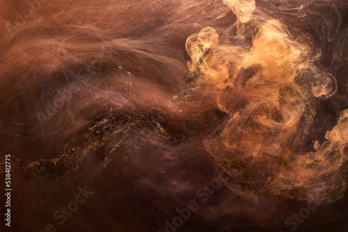 Orange sparkling abstract background, luxury smoke, acrylic paint underwater explosion, cosmic swirling ink, golden ocher autumn