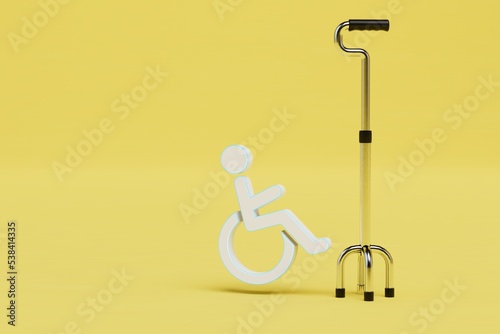 the concept of disability. disabled in a wheelchair and a stick on a yellow background. copy paste. 3D render