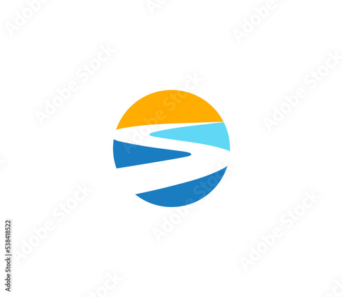 River Creek Winding Road Logo. Vibrant Circular Landscape Icon. Vector Logo Template