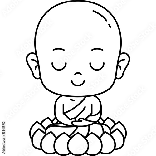 cute monk meditate on lotus colored line art illustration for website, web, application, presentation, printing, document, poster design, etc.