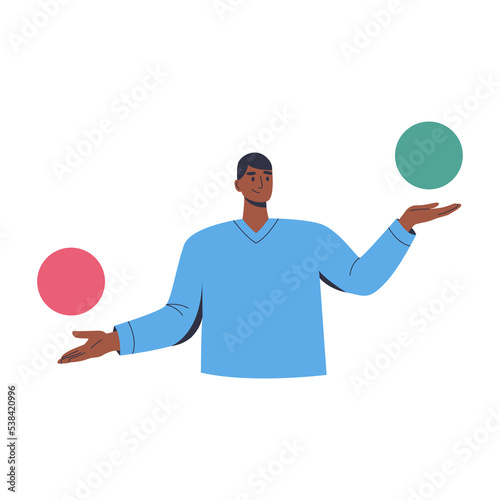 Puzzled indecisive man  thinking, analyzing between two options. Questioned employee thinking. Make choice, weighing decision, doubting, deciding, setting priorities. Flat vector illustration.