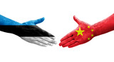 Handshake between China and Estonia flags painted on hands, isolated transparent image.